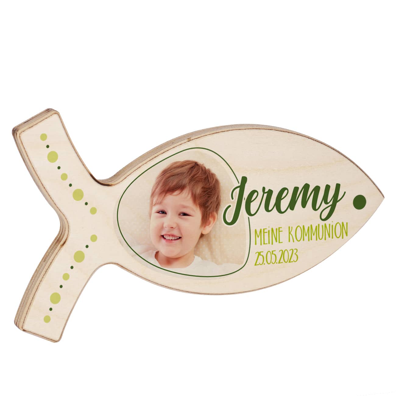 Persönlicher Fisch aus Holz mit Foto, Name und Wunschtext in grün