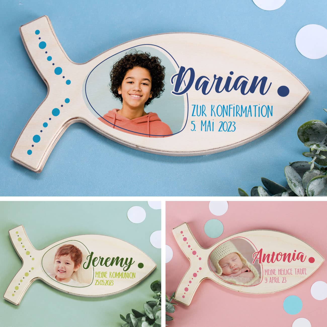 Holzfisch zur Taufe, Kommunion oder Konfirmation mit Ihrem persönlichen Foto und Ihren Wunschangaben in blau, grün oder rosa