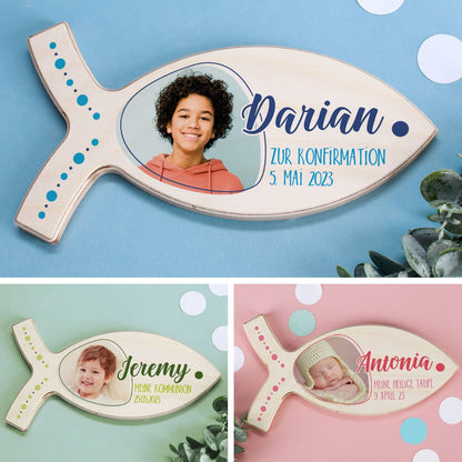 Holzfisch zur Taufe, Kommunion oder Konfirmation mit Ihrem persönlichen Foto und Ihren Wunschangaben in blau, grün oder rosa