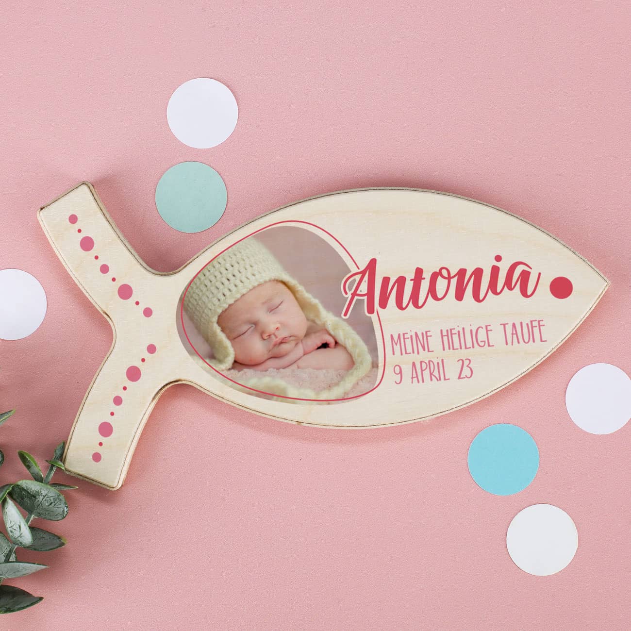 Holzfisch in rosa mit Foto, Name und Wunschtext