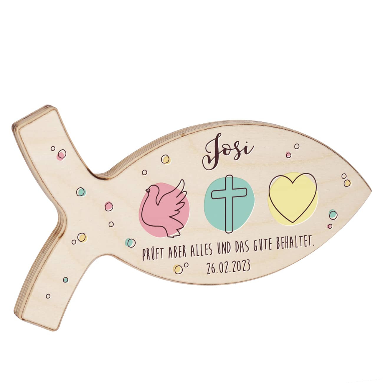 Liebe, Glaube, Hoffnung - Holzfisch mit Ihrem Wunschaufdruck
