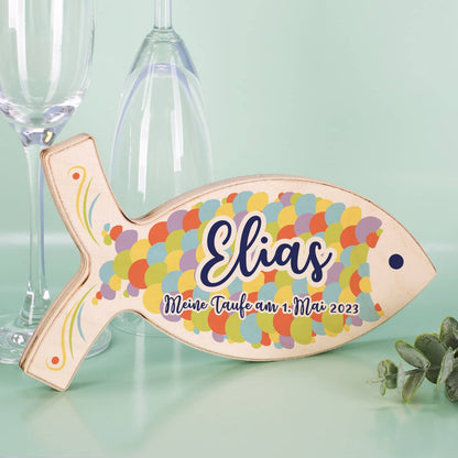 Holzfisch mit Ihrem Wunschnamen und einem kurzen Text bedruckt