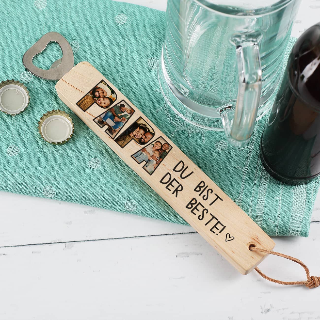 Holz-Flaschenöffner mit Fotoaufdruck für Papa