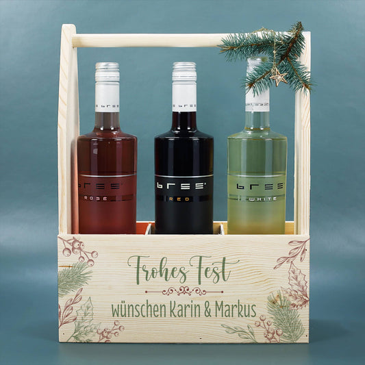 Flaschenträger aus Holz mit personalisiertem Aufdruck