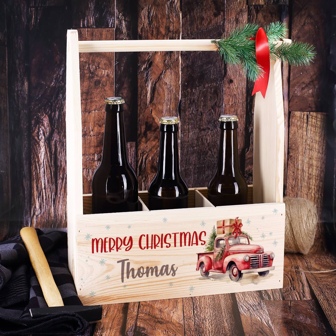 Flaschenträger aus Holz zu Weihnachten mit festlichem Pick-up 
