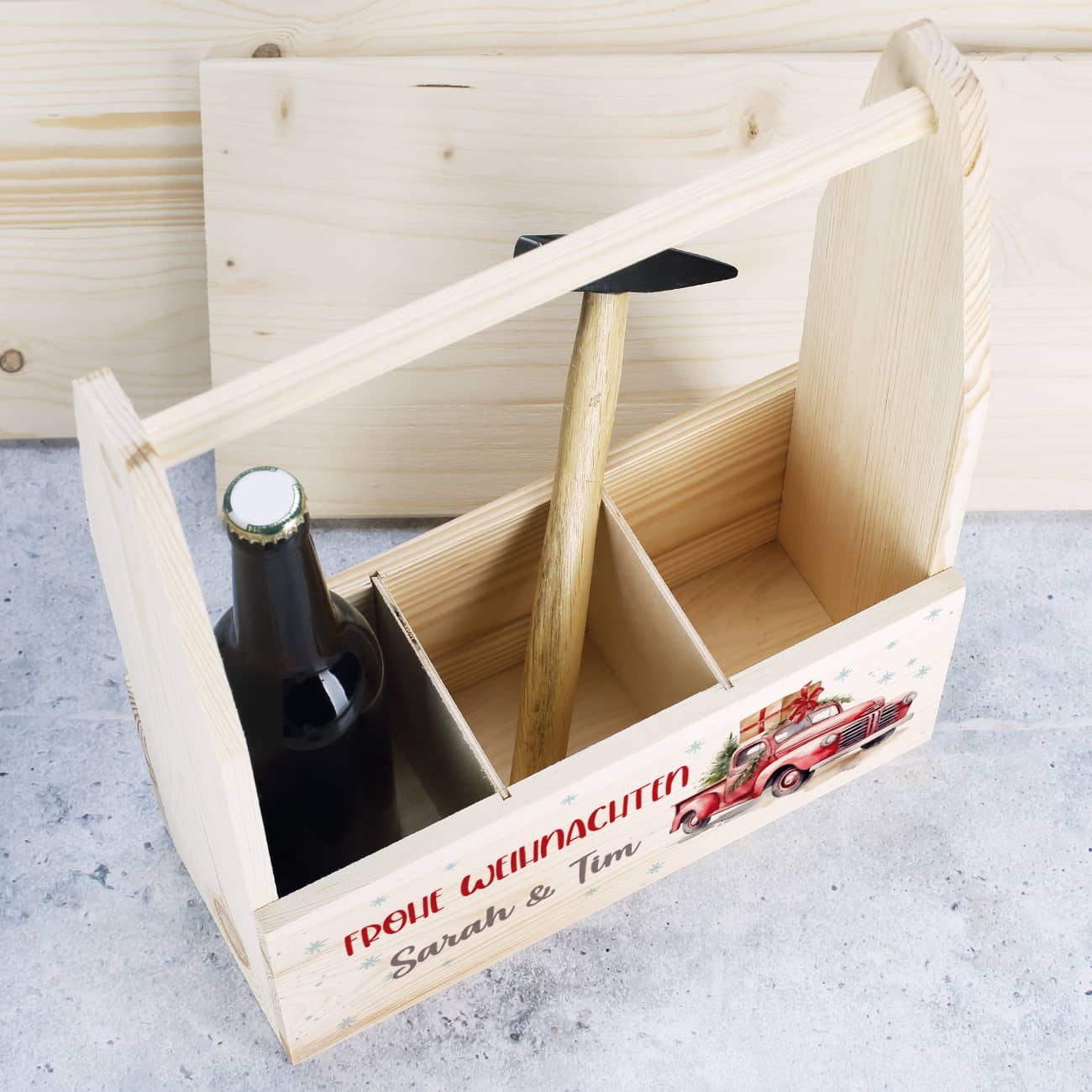 Flaschenträger zu Weihnachten mit festlichem Pick-up & Wunschtext