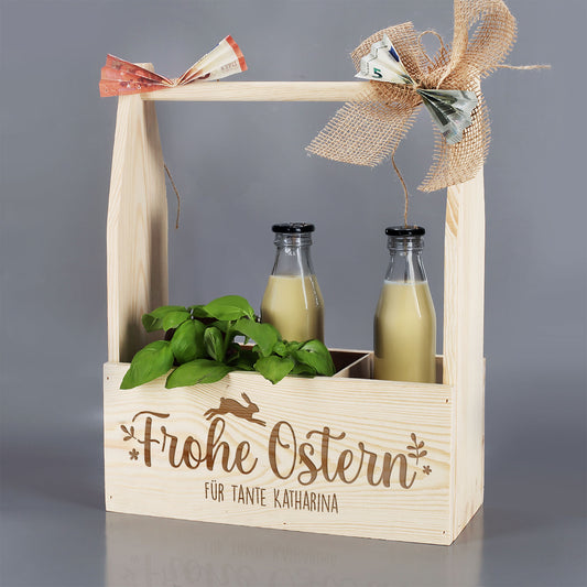 Flaschenträger aus Holz mit Wunschtext graviert | Frohe Ostern