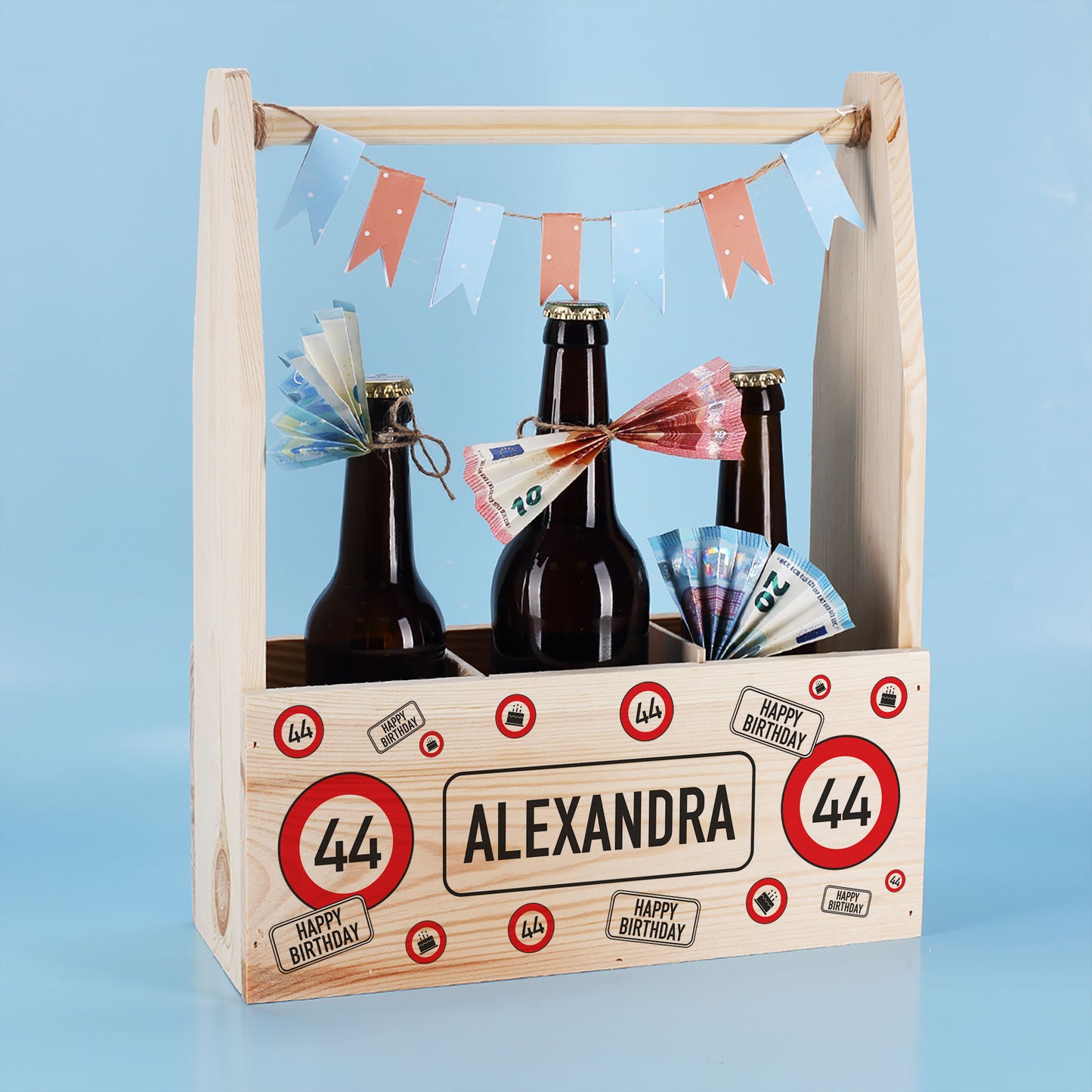 Flaschenträger aus Holz mit Verkehrszeichen, Alter & Name zum Geburtstag o. Jubiläum