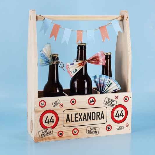 Flaschenträger aus Holz mit Verkehrszeichen, Alter & Name zum Geburtstag o. Jubiläum