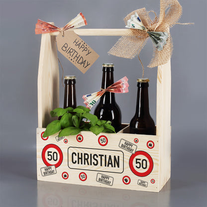 Flaschenträger aus Holz mit Verkehrszeichen, Alter & Name zum Geburtstag o. Jubiläum