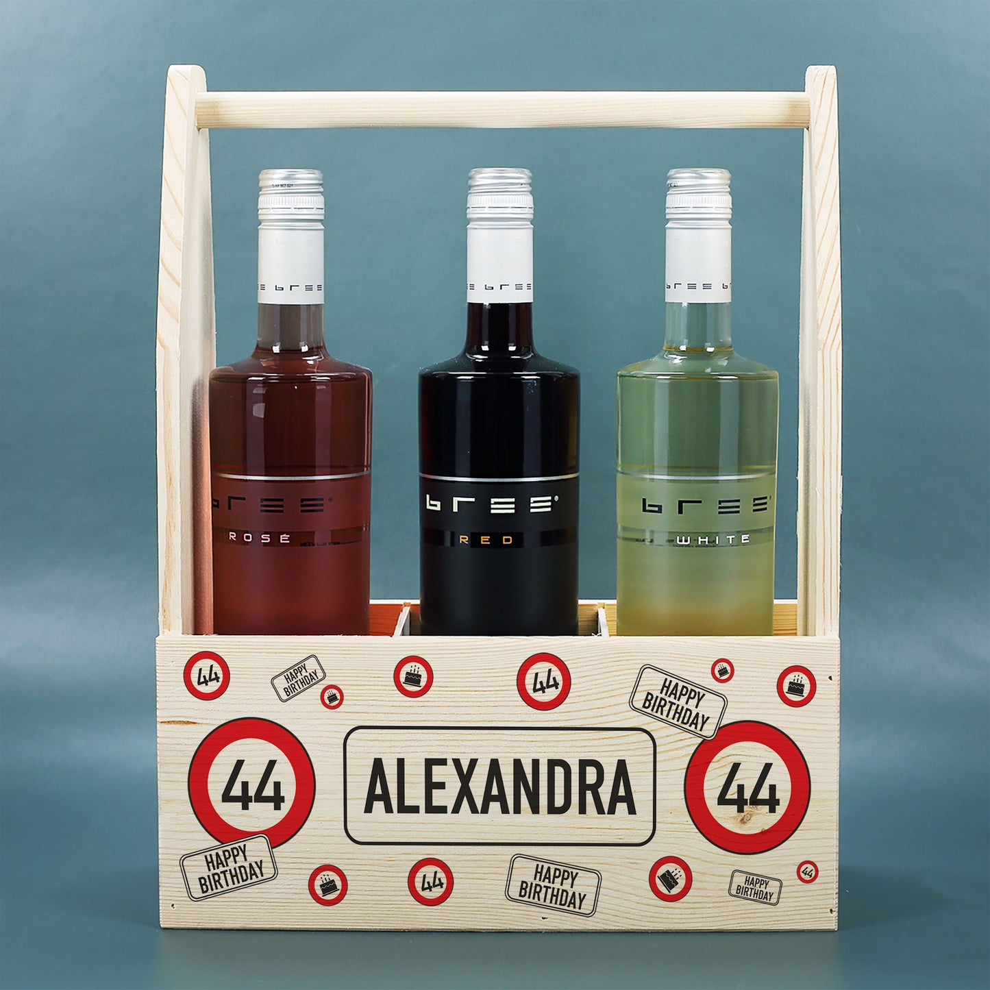Flaschenträger aus Holz mit Verkehrszeichen, Alter & Name zum Geburtstag o. Jubiläum