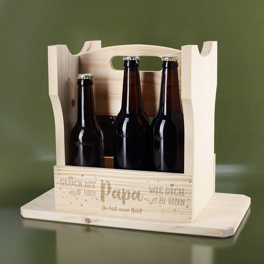 2 in1 Flaschenträger-Hocker aus Holz mit Gravur für Papas