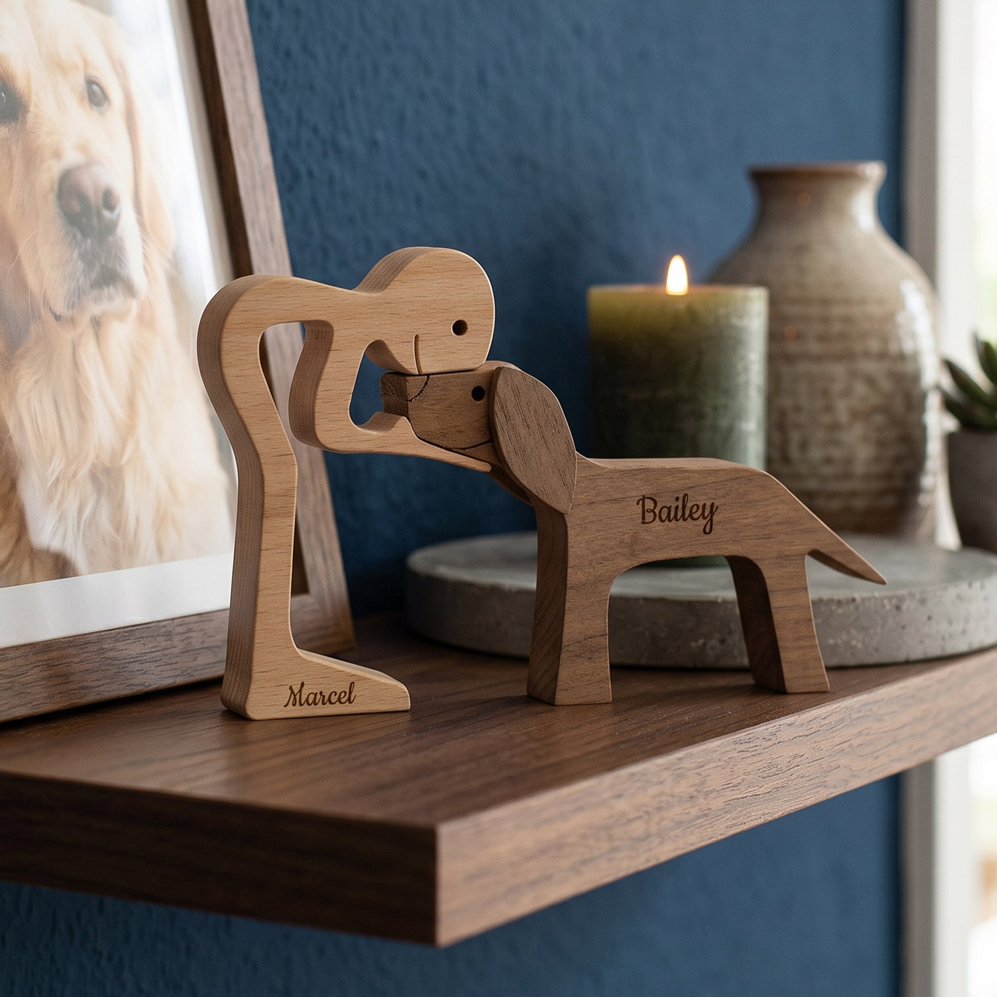 Holzskulptur Herrchen mit Hund und Wunschnamen