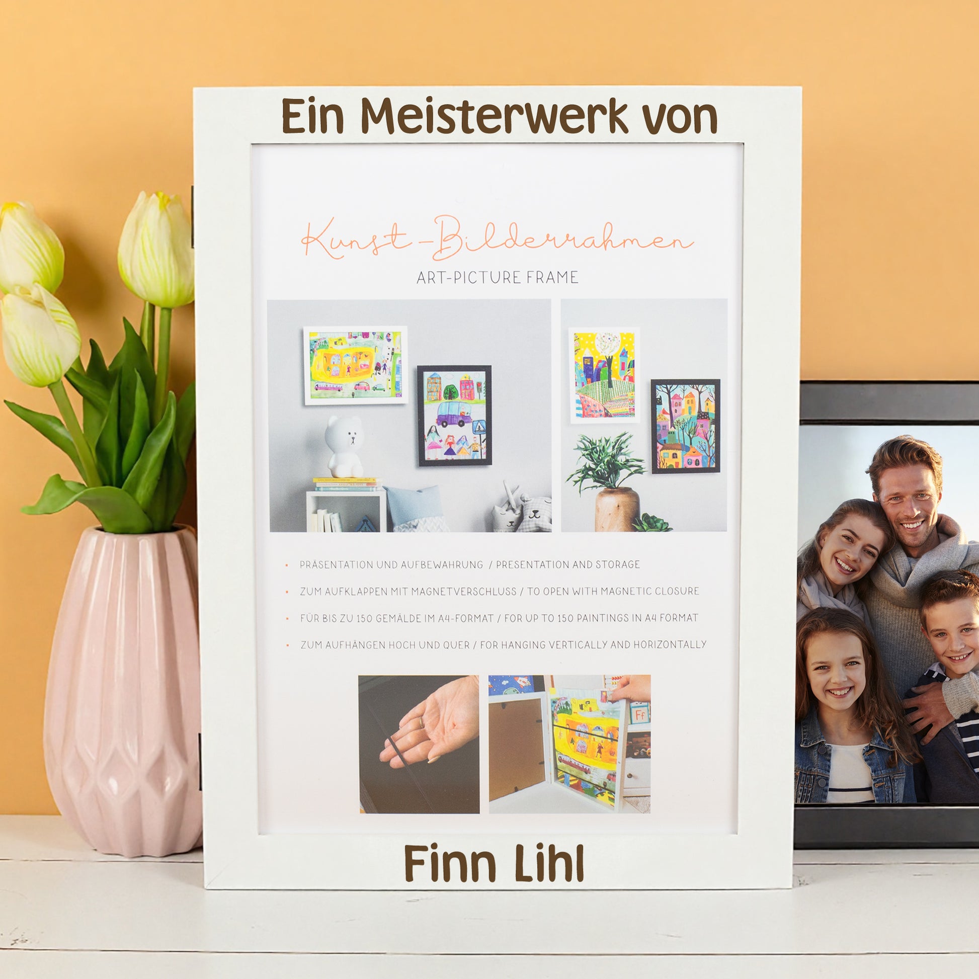 Kunstrahmen im Hochformat mit Produktinformationen und Anwendungshinweisen
