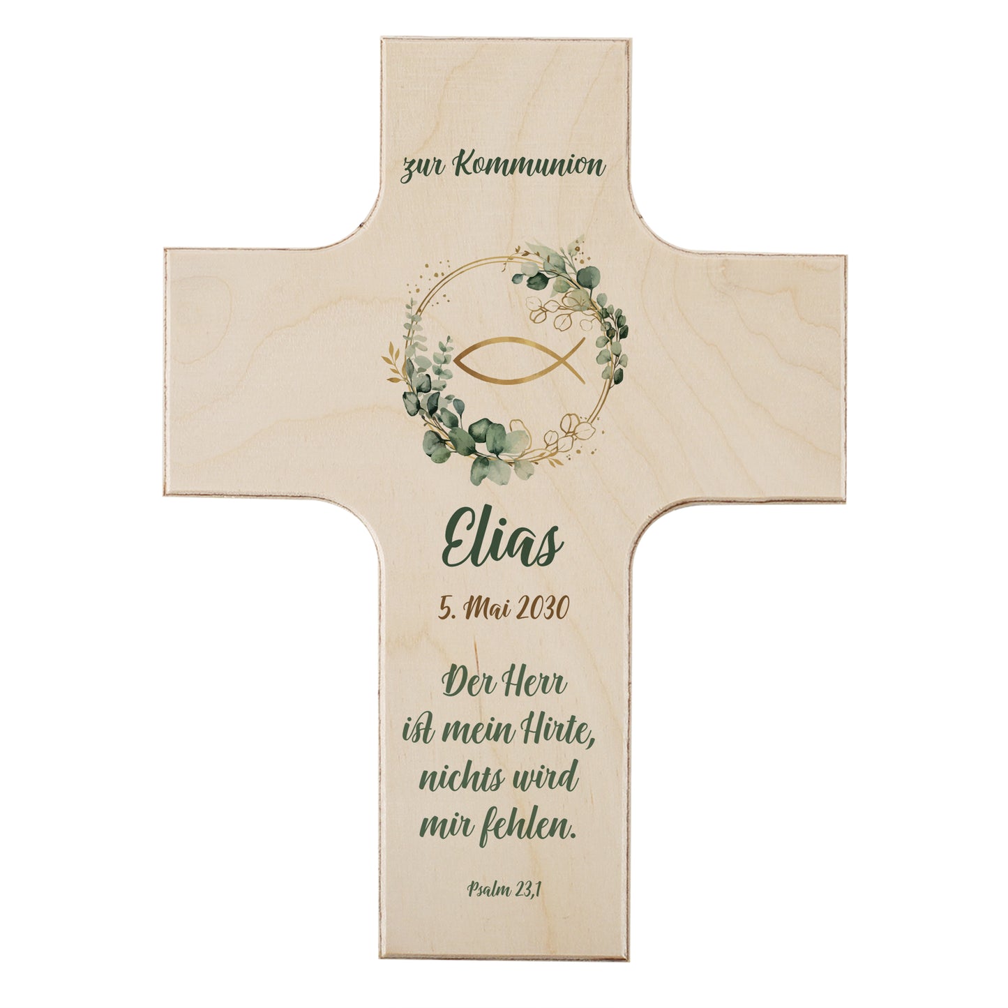 Holzkreuz mit Ichthys-Symbol und Eukalyptusmotiv, personalisiert mit Name, Datum und christlichem Text, freigestellt auf hellem Hintergrund