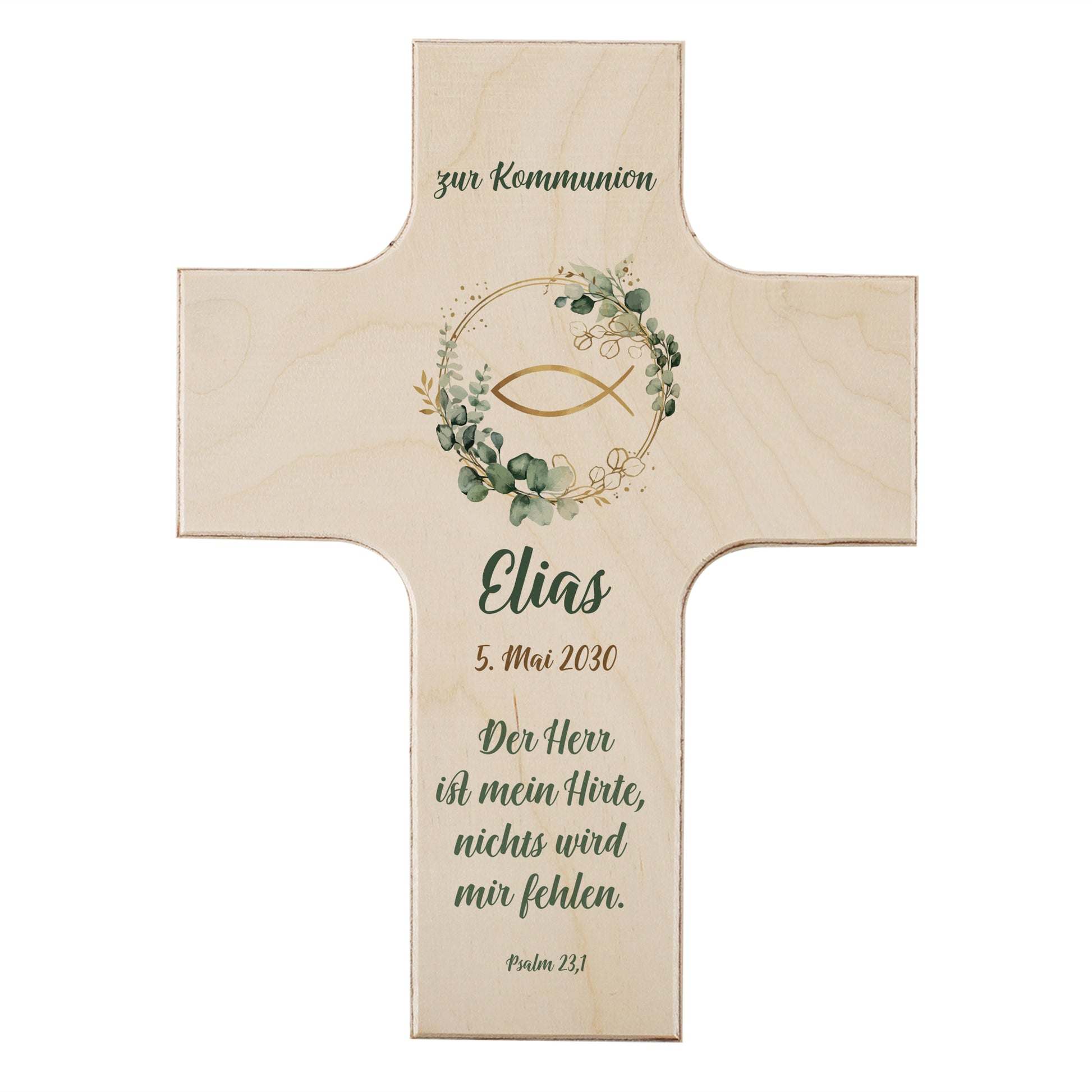 Holzkreuz mit Ichthys-Symbol und Eukalyptusmotiv, personalisiert mit Name, Datum und christlichem Text, freigestellt auf hellem Hintergrund