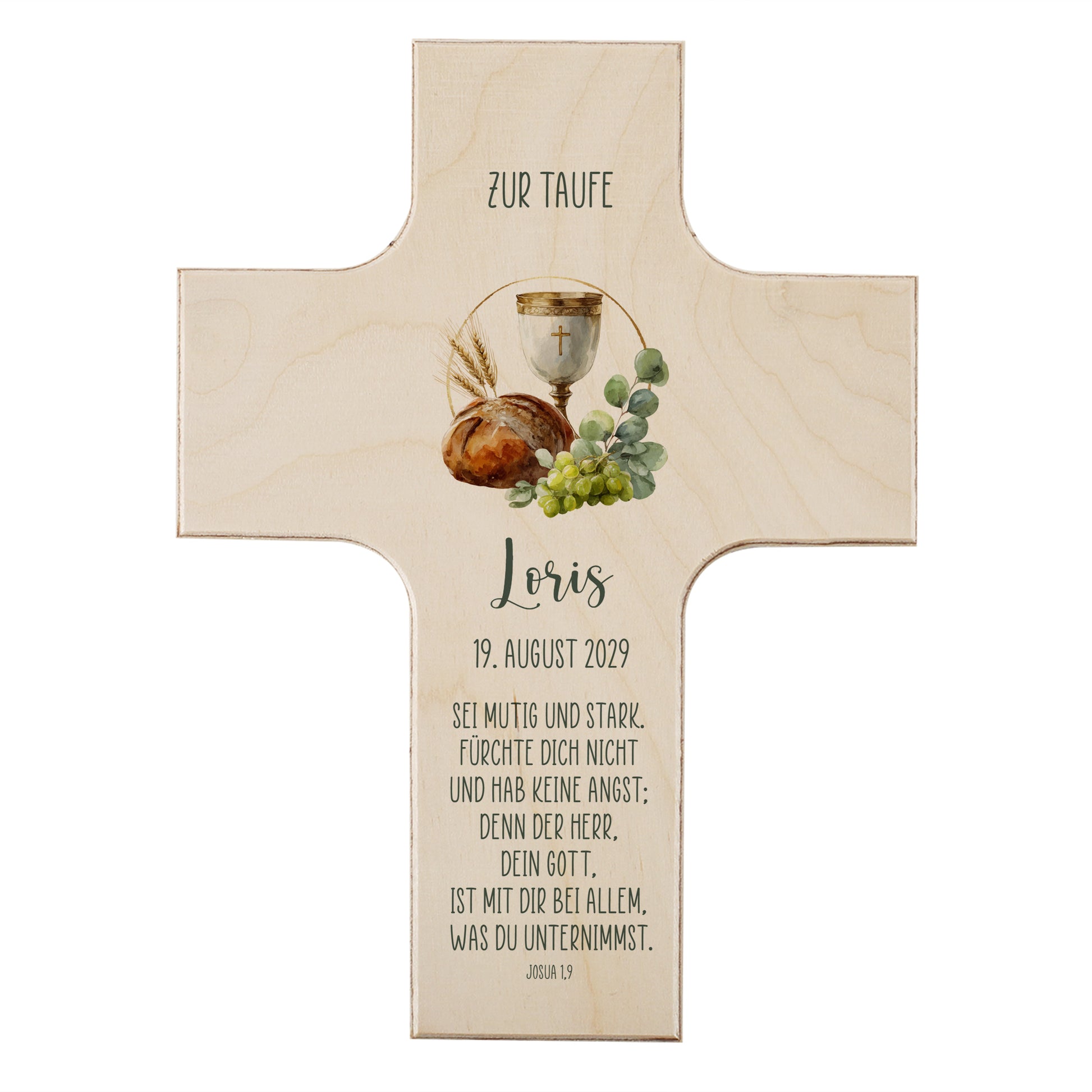 Personalisiertes Holzkreuz zur Taufe mit Kelch- und Brotmotiv, Name und Datum auf Ahornholz gedruckt
