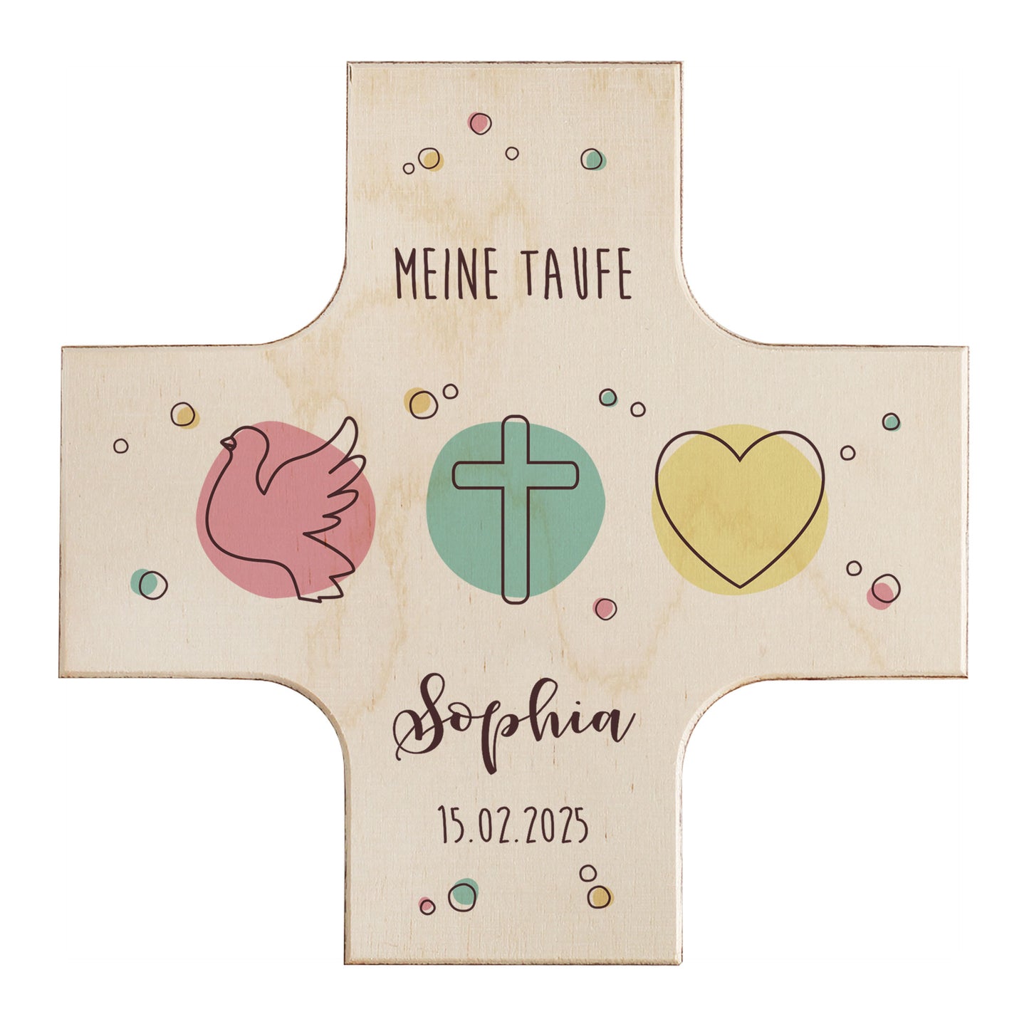 Holzkreuz zur Taufe, Kommunion oder Konfirmation mit Taube, Kreuz & Herz Motiv