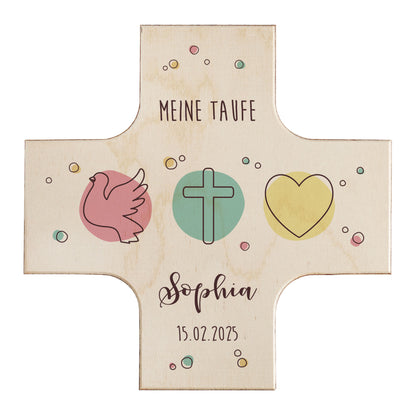 Holzkreuz zur Taufe, Kommunion oder Konfirmation mit Taube, Kreuz & Herz Motiv