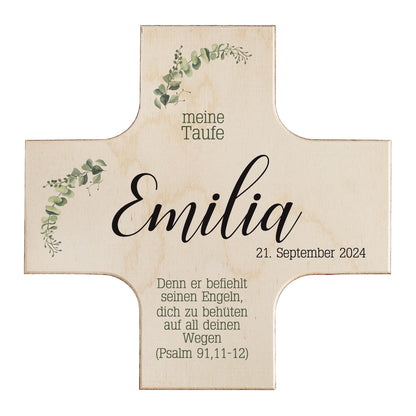 Holzkreuz zur Taufe, Kommunion oder Konfirmation mit zarten Blattzweigen