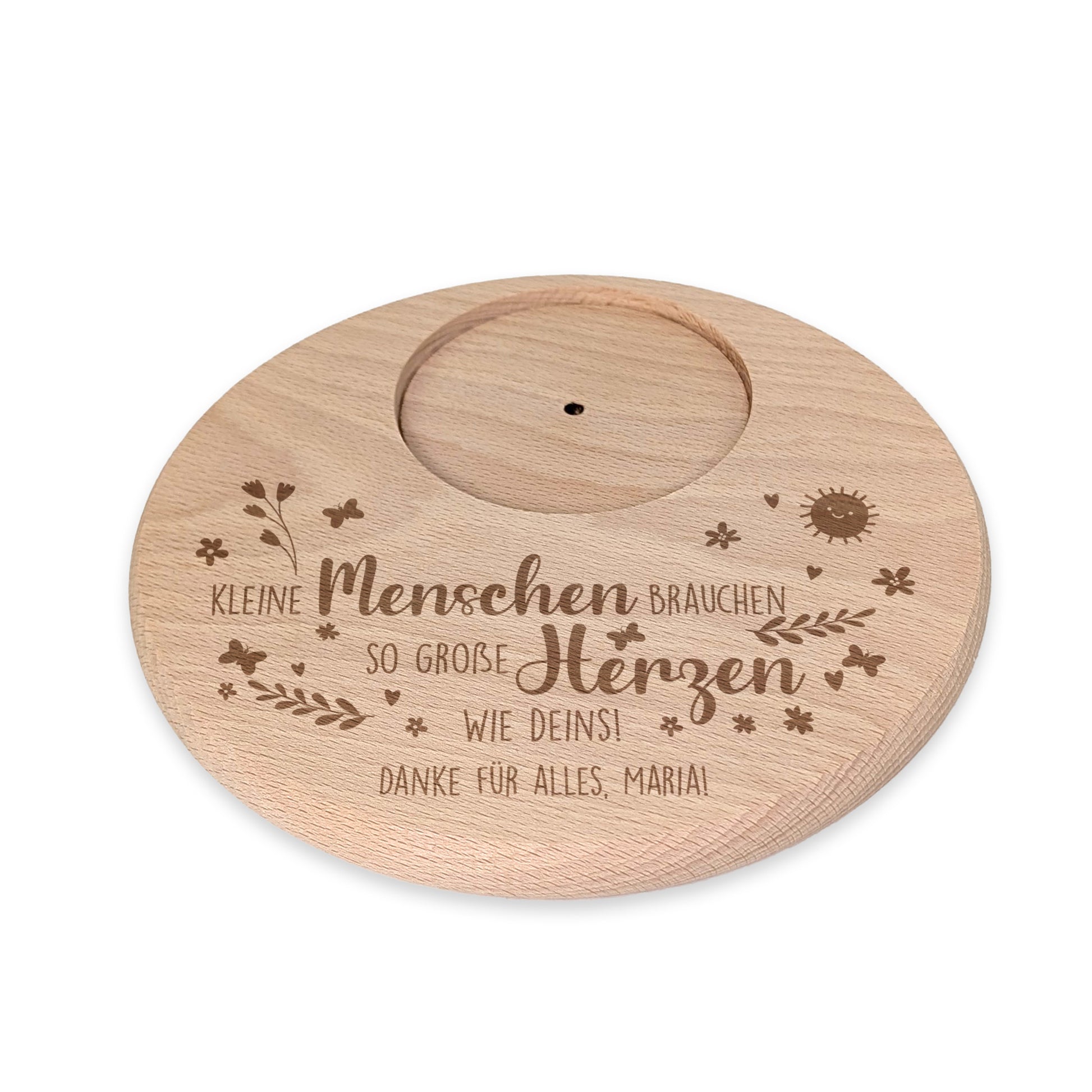 Gravierte Holzscheibe mit Spruch und persönlichem Text „Danke für alles, Maria!“
