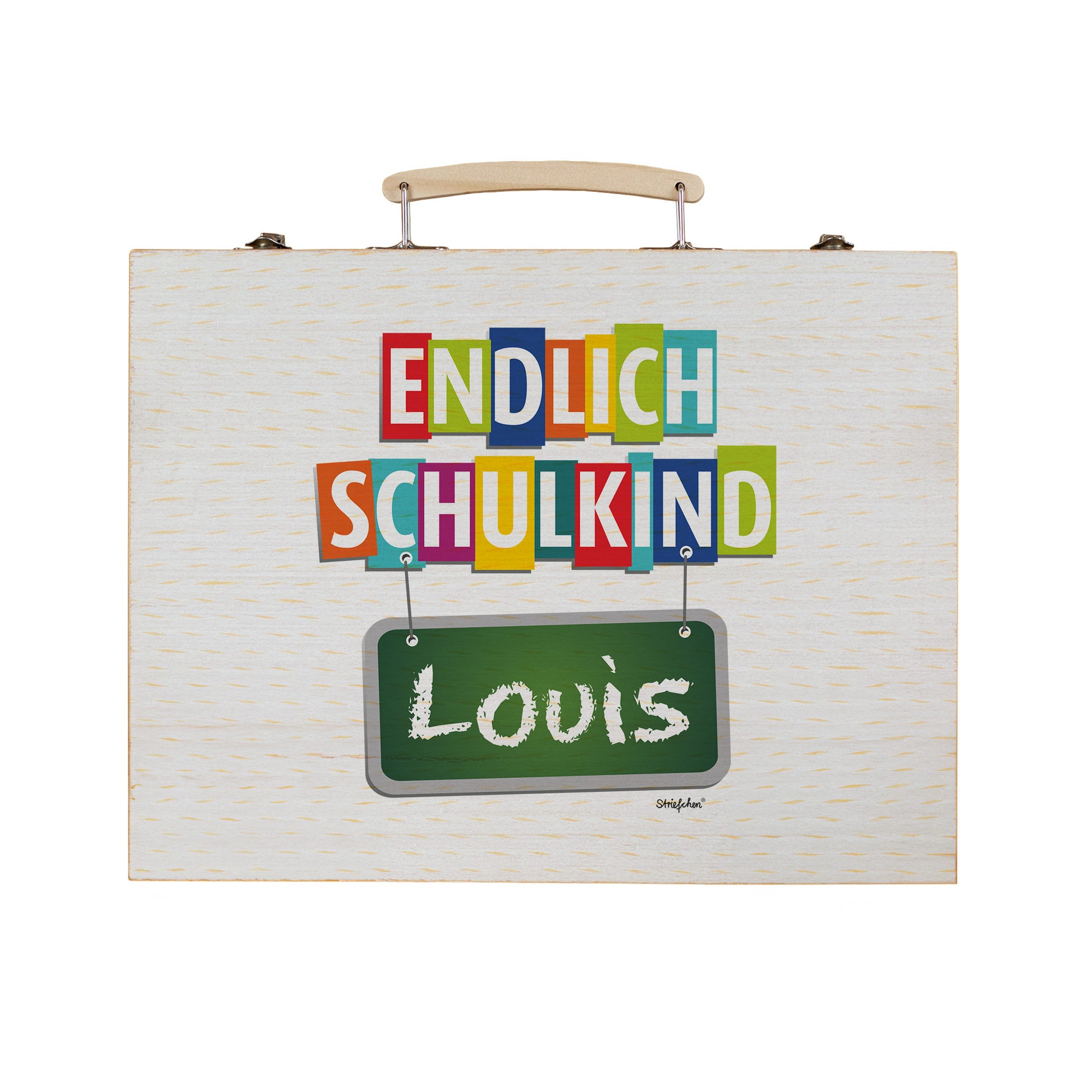Personalisierter Holzkoffer mit buntem „Endlich Schulkind“ Motiv und Name Louis auf weißem Hintergrund