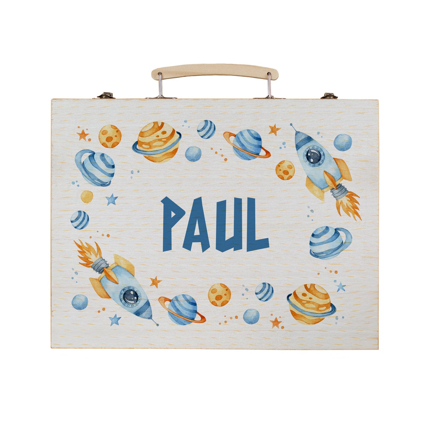 Freigestellter Malkoffer mit Name Paul und bunten Weltraummotiven auf Holz