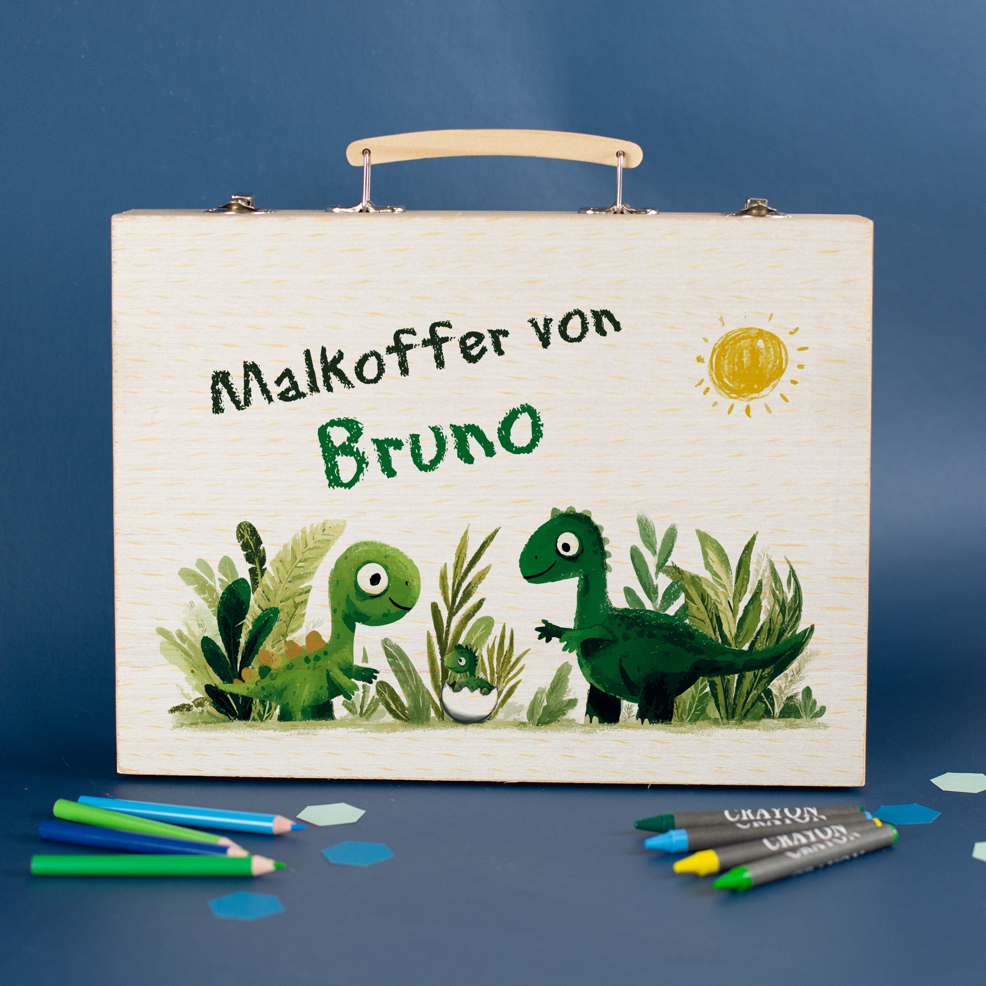 Personalisierbarer Malkoffer aus Holz mit Dinosaurier-Motiv und Name Bruno