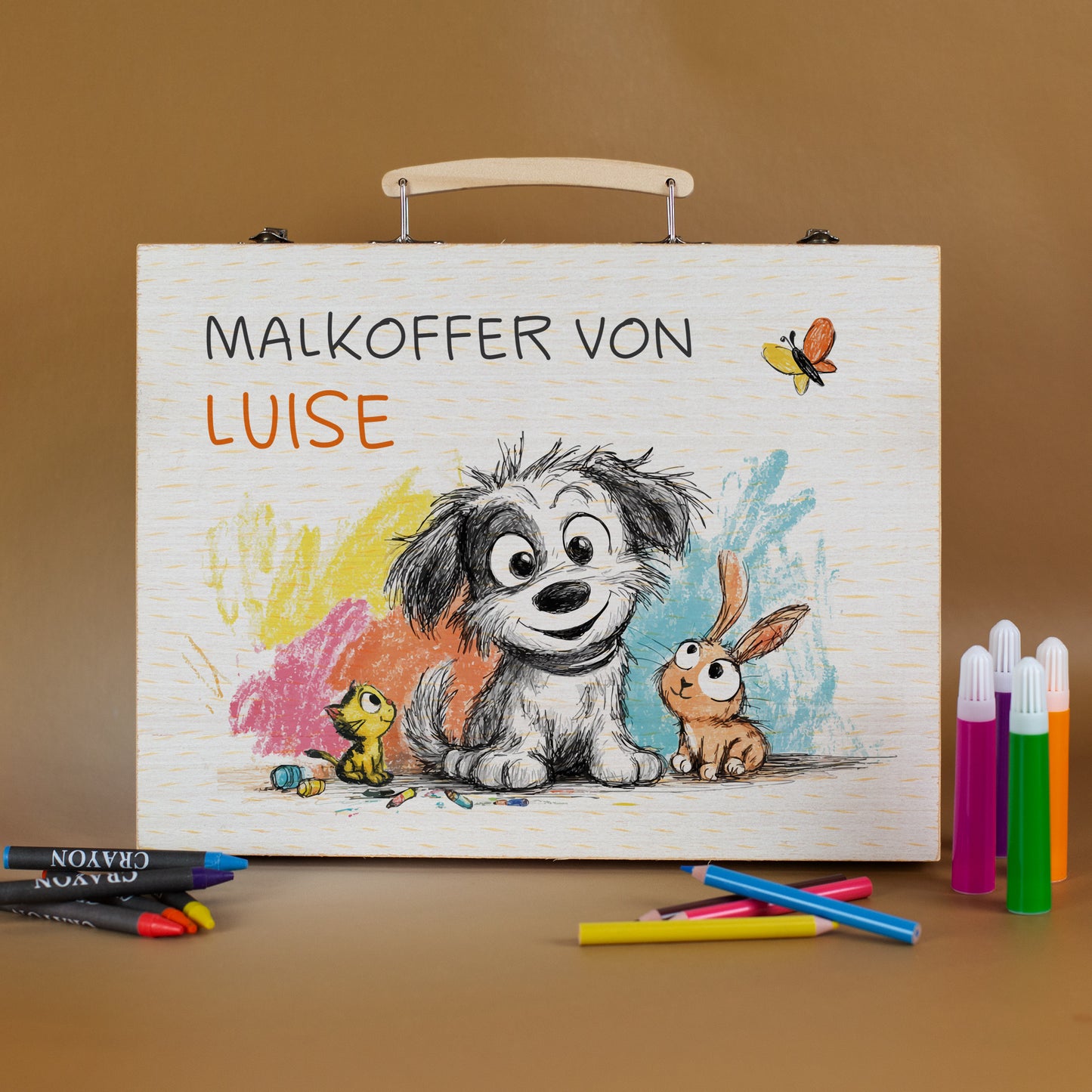 Personalisierter Malkoffer für Kinder mit Hund, Hase & Katze, Name Luise
