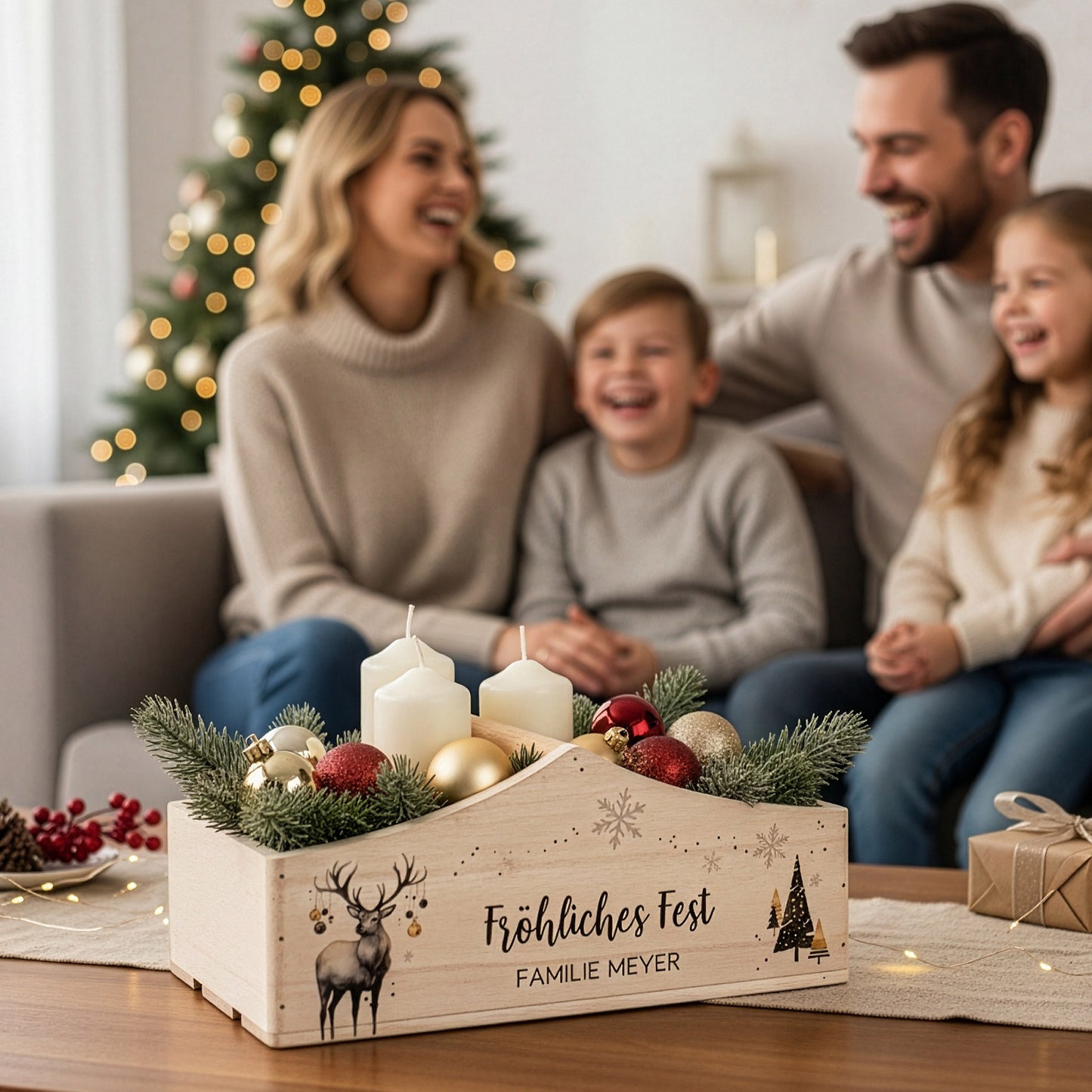 Festlich dekorierte Holzkiste „Fröhliches Fest“ im Wohnzimmer – personalisiert