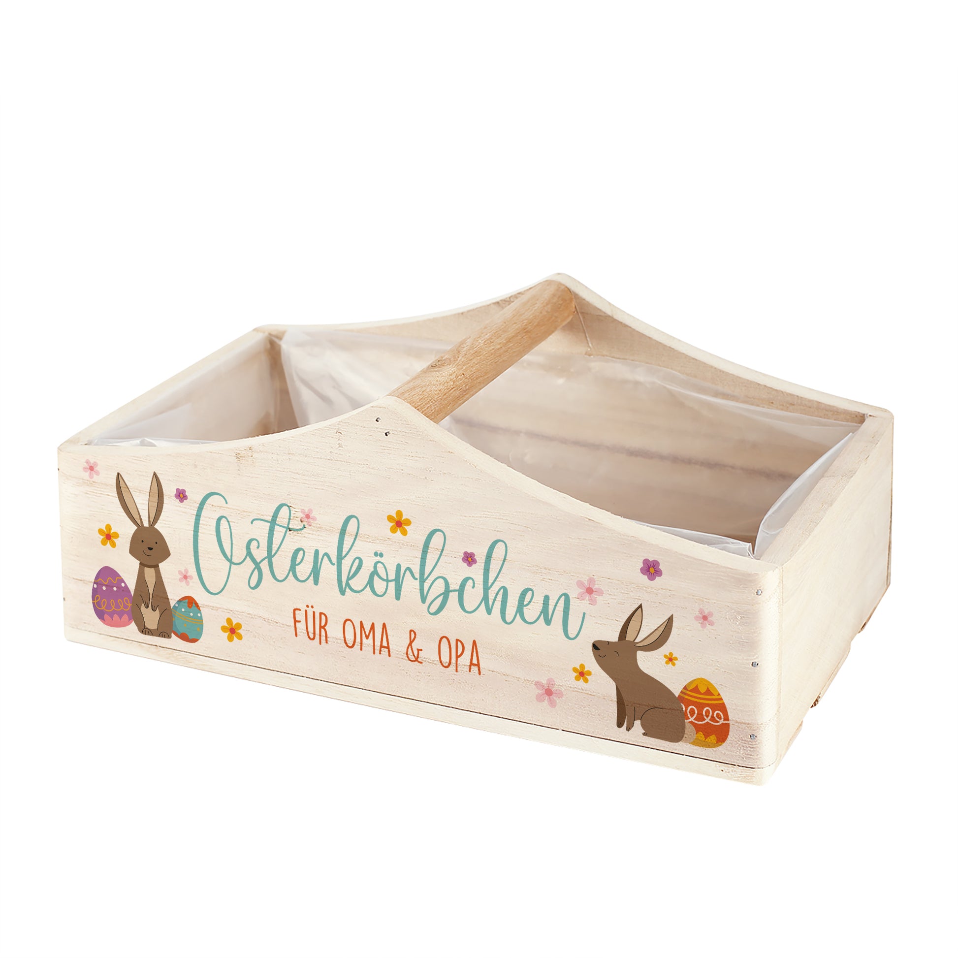 Detailansicht personalisierte Holzkiste „Osterkörbchen“ mit Hasen und Ostereiern als Motiv