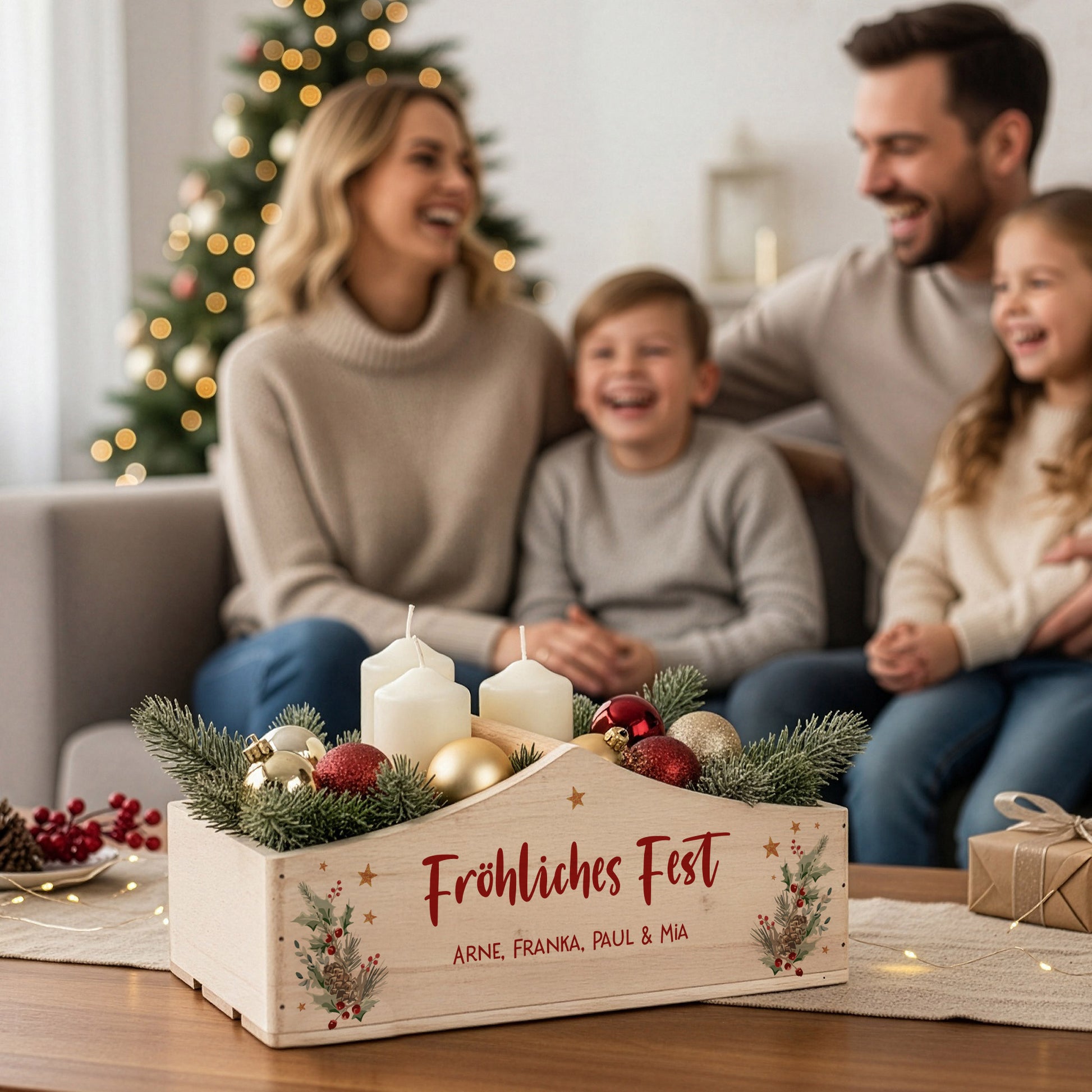 Dekorierter Weihnachtskorb mit Winterbouquet-Motiv auf Couchtisch, im Hintergrund lachende Familie vor dem Weihnachtsbaum.