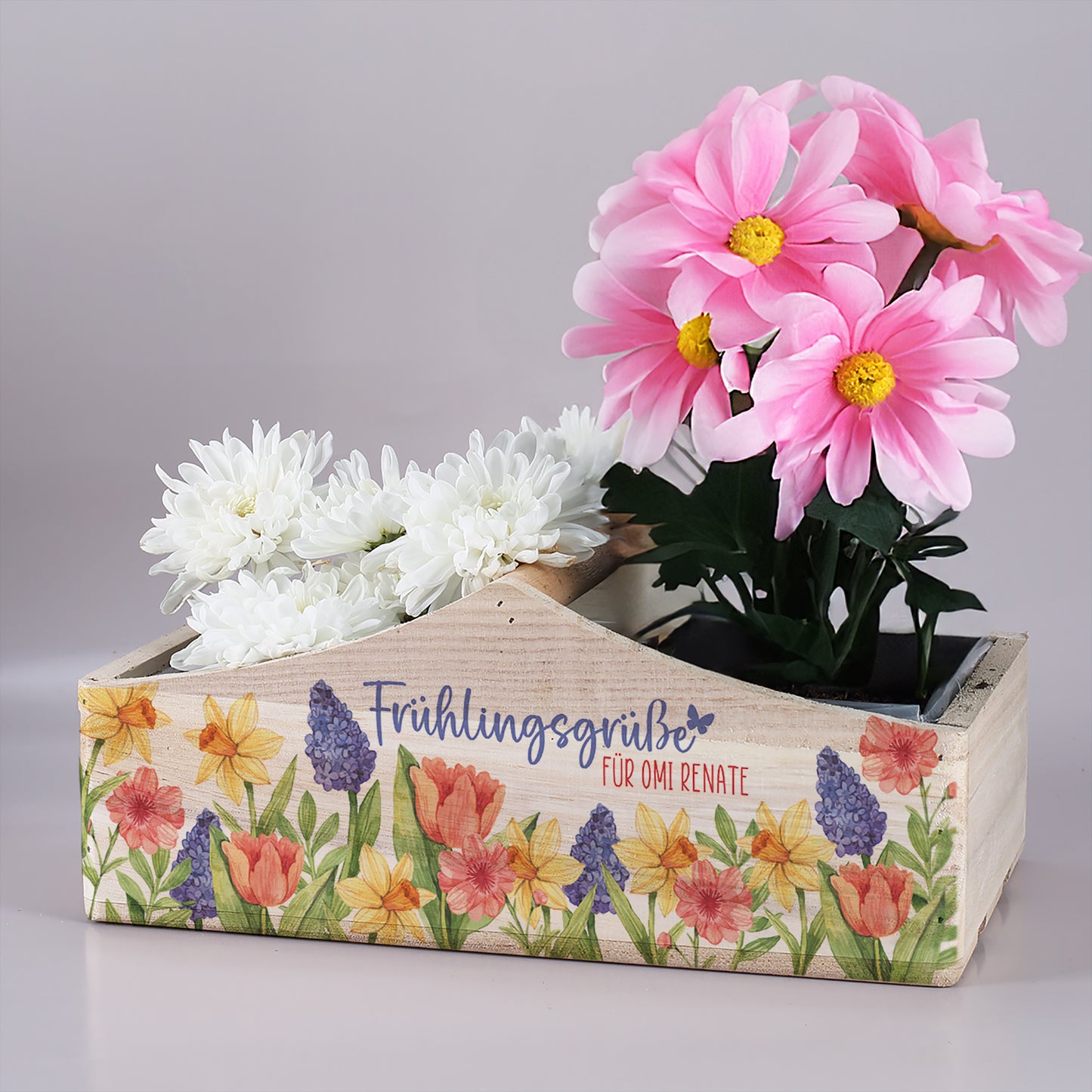 Holz Pflanzkiste mit Mittelgriff Frühlingsgrüße ohne Dekoration