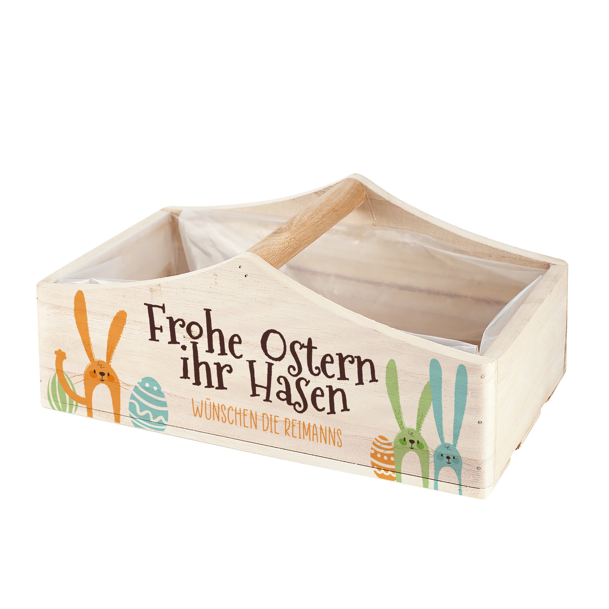 Holz Geschenkkorb mit einem Griff und Hasenmotiv „Frohe Ostern ihr Hasen“ in Nahaufnahme