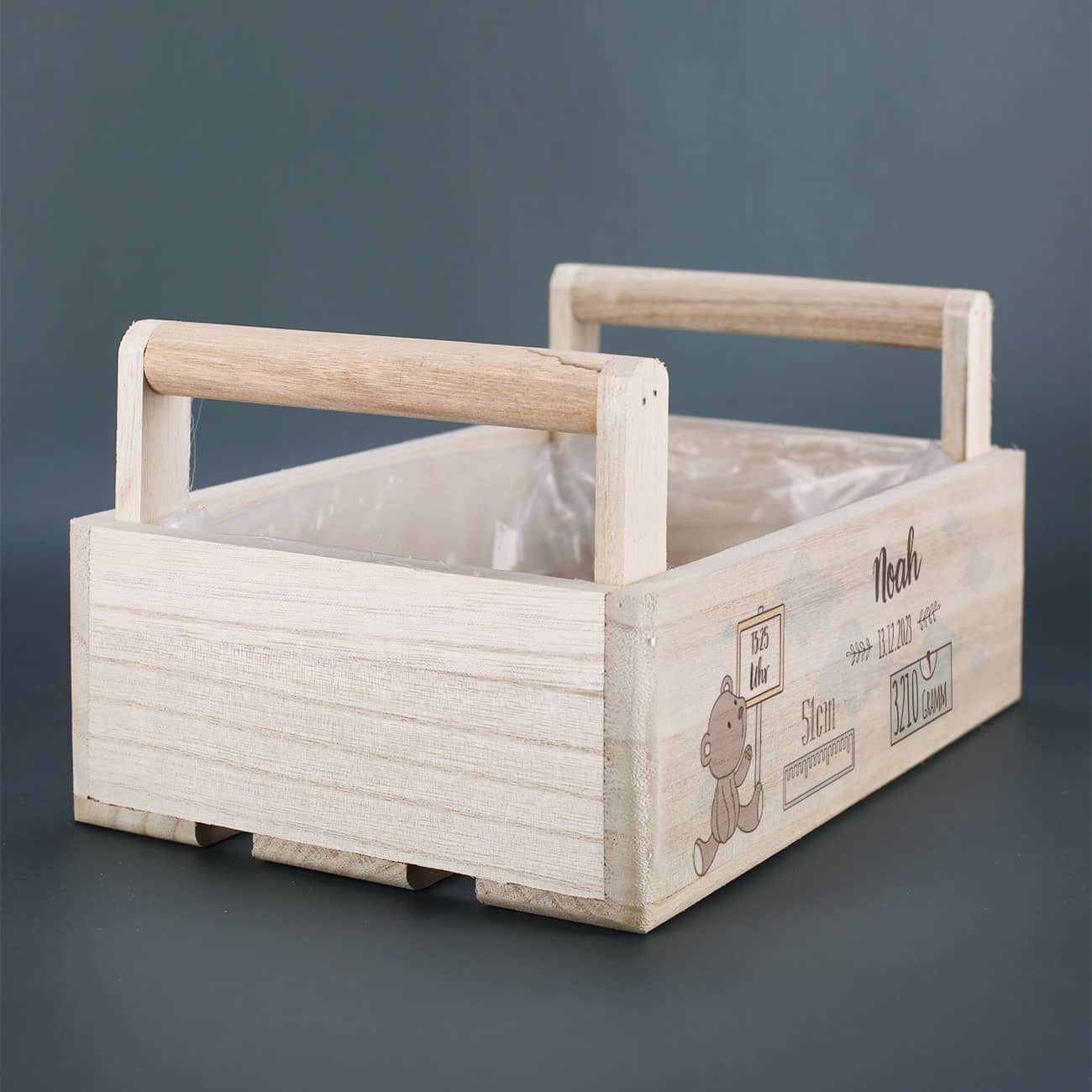 Holzkorb mit 2 Griffen und Folie ausgekleidet
