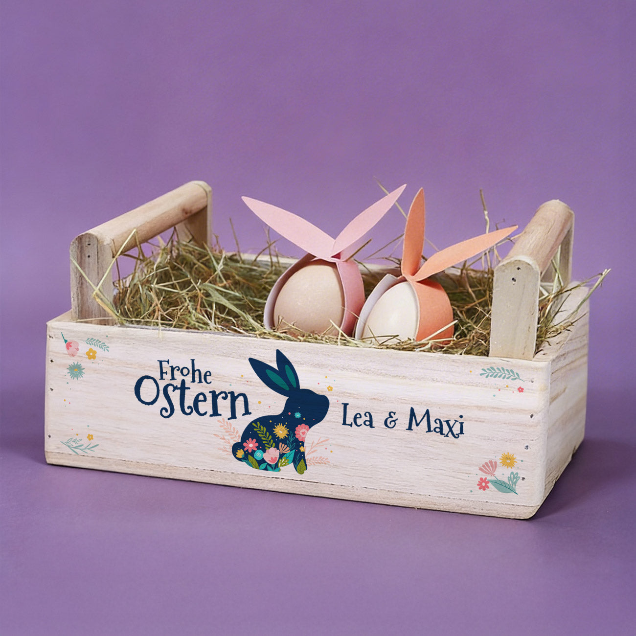 Holzkorb mit Ostermotiv und Name bedruckt