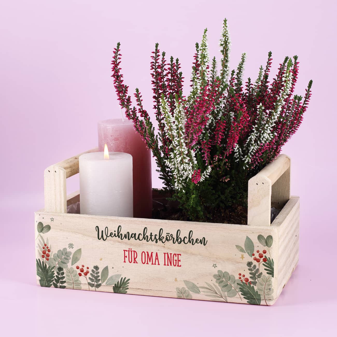 Weihnachtliche Holzkiste mit 2 Griffen und zwei Zeilen Text nach Wunsch