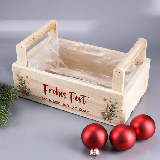 Geschenkkorb zu Weihnachten mit festlichem Motiv personalisiert mit Wunschtext | Pflanzkiste aus Holz