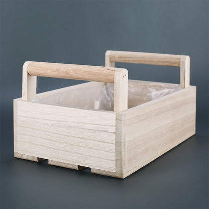 Holz Pflanzkiste mit zwei Griffen von oben mit transparenter Innenfolie