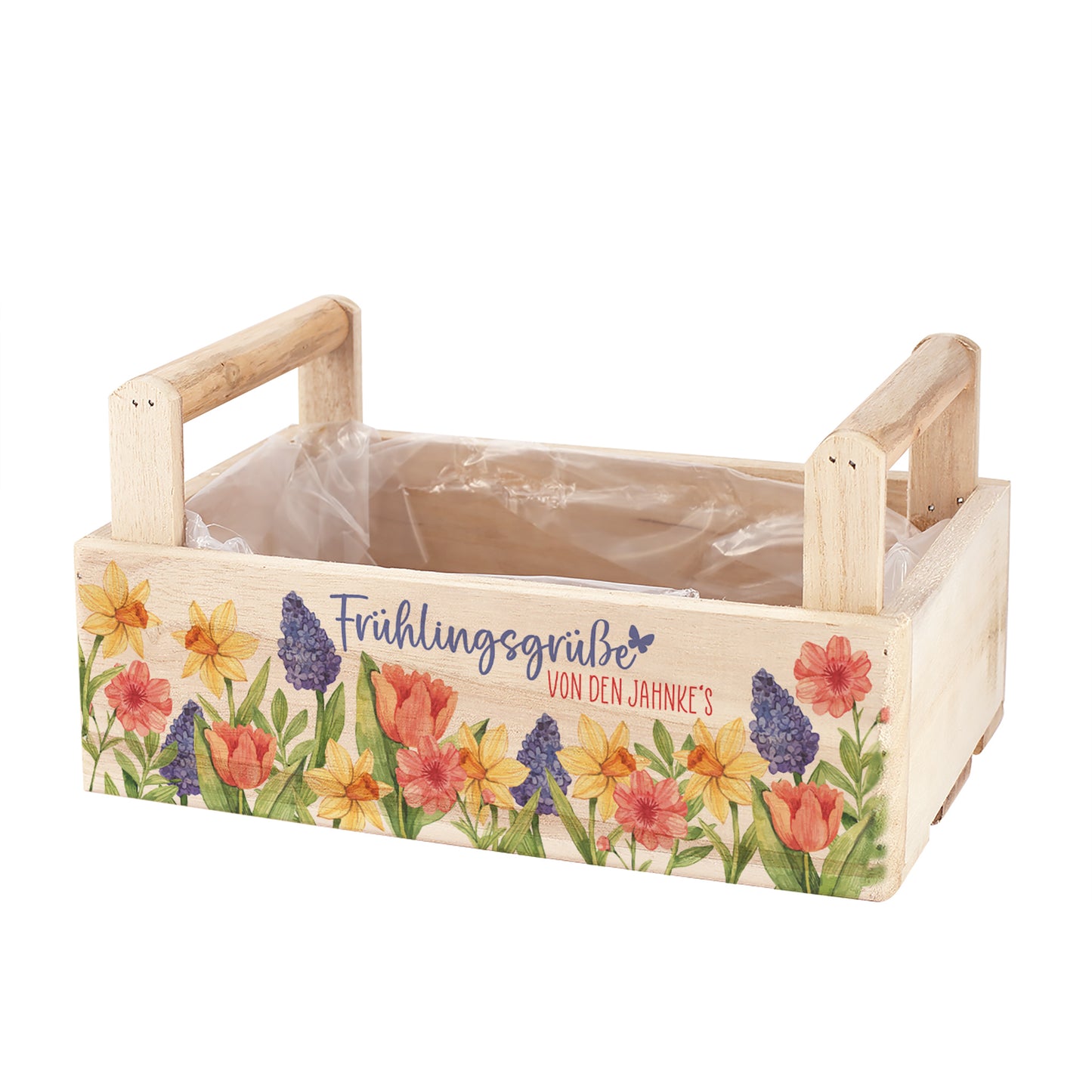 Holz Pflanzkiste mit zwei Griffen Frühlingsgrüße ohne Dekoration