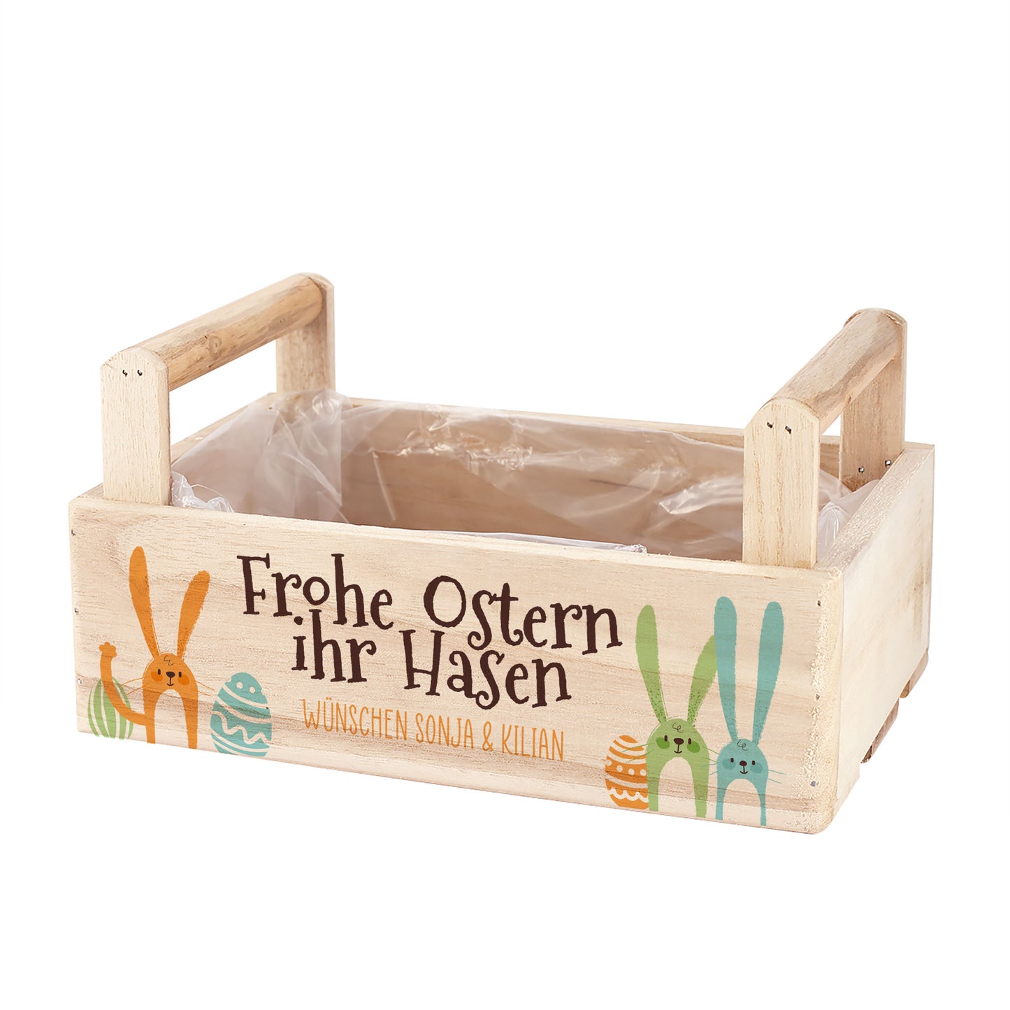 Holz Pflanzkiste mit zwei Griffen und Hasenmotiv „Frohe Ostern ihr Hasen“ leer auf weißem Hintergrund