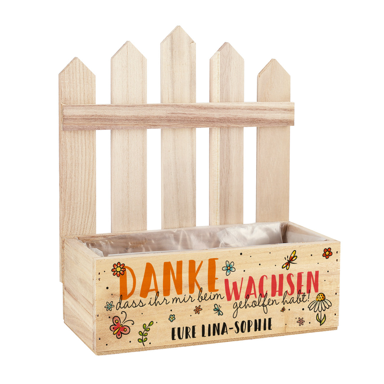 Leere Pflanzkiste mit Zaun, Aufdruck „Danke, dass ihr mir beim Wachsen geholfen habt“ mit Personalisierung „Eure Lina-Sophie“