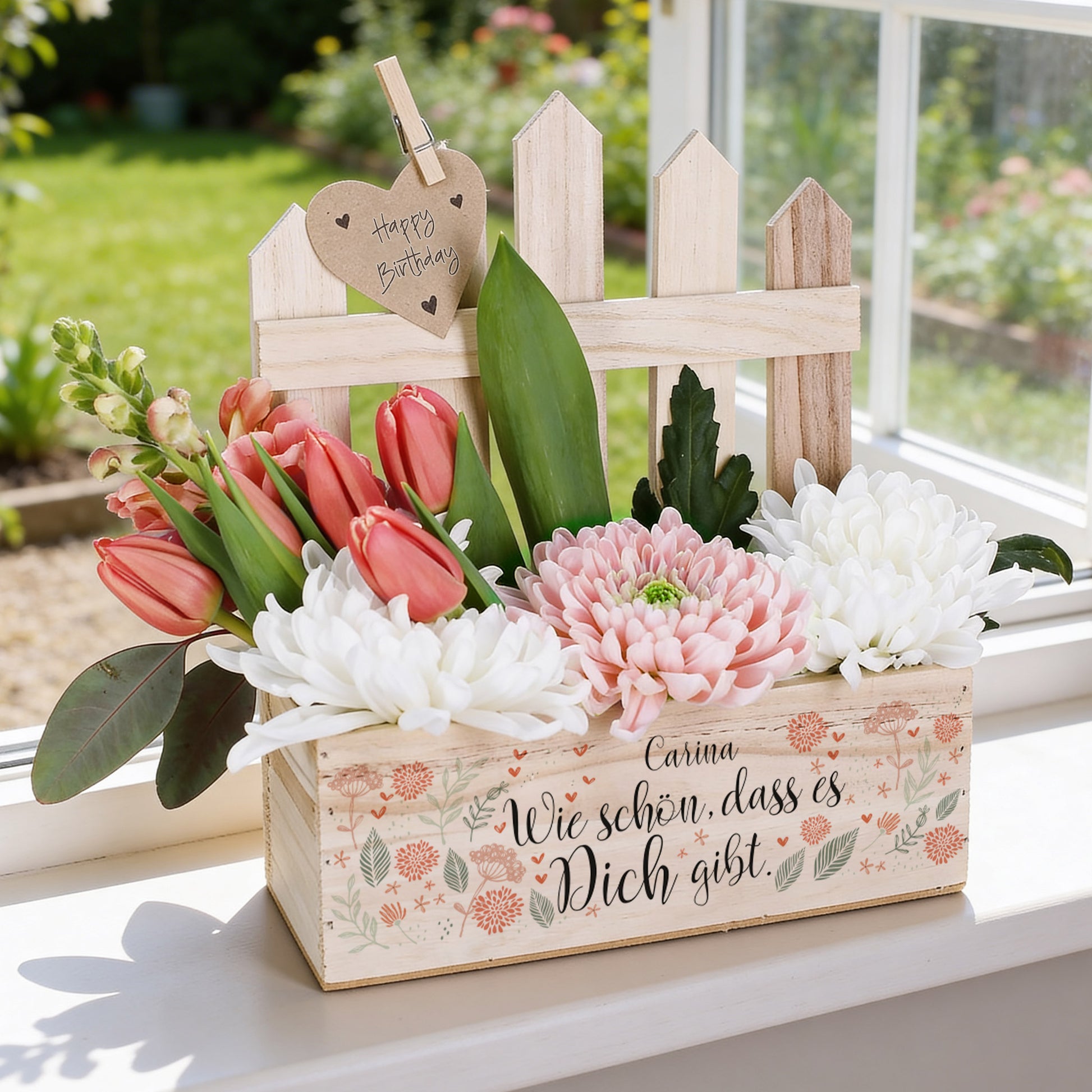 Pflanzkorb mit Blumen Motiv, Wunschname und Spruch: Wie schön, dass es dich gibt