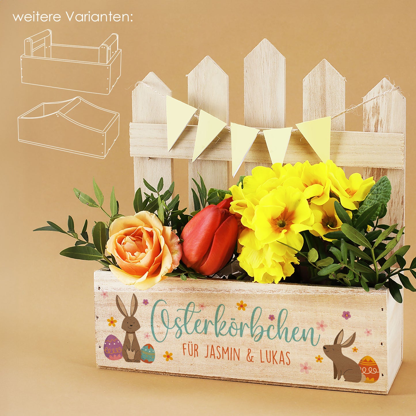 Variantenübersicht Pflanzkorb aus Holz zu Ostern mit Zaunmotiv und personalisiertem Osterkörbchen-Aufdruck
