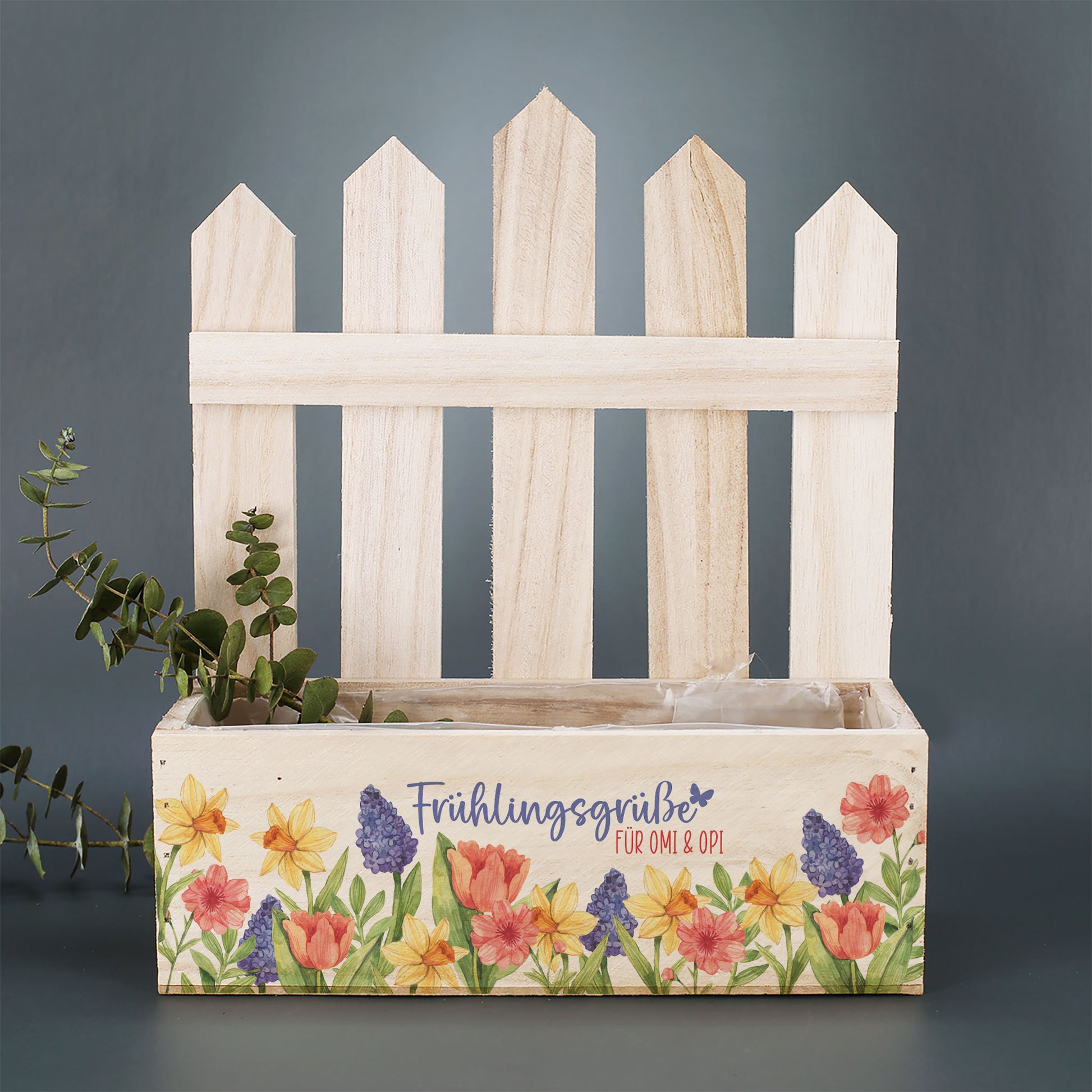 Pflanzkiste mit Zaun-Rückwand Frühlingsgrüße aus Holz ohne Dekoration