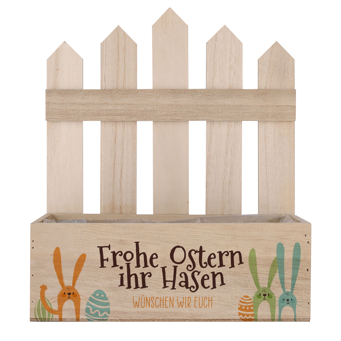 Leere Pflanzkiste mit Zaun-Rückwand und Aufdruck „Frohe Ostern ihr Hasen“ auf naturfarbenem Holz