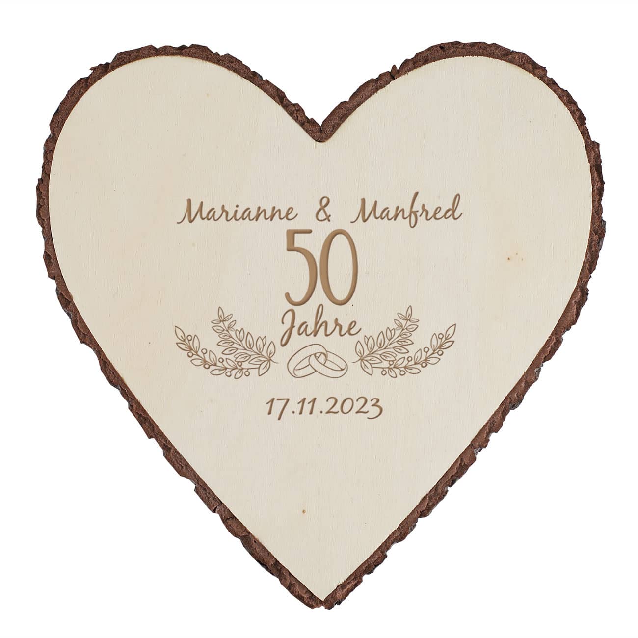 Herzplatte aus Holz zum Hochzeitsjubiläum mit Ihren Wunschdaten personalisiert