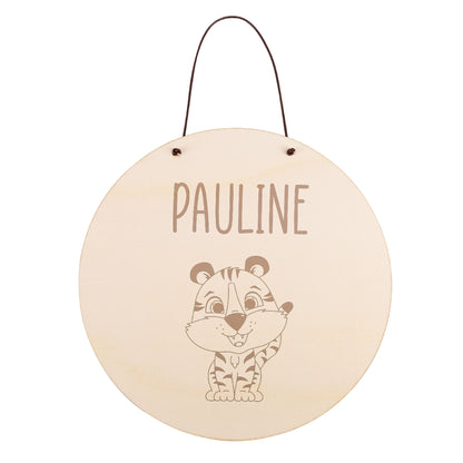 Türschild aus Holz mit Tiger-Motiv und Wunschname fürs Kinderzimmer