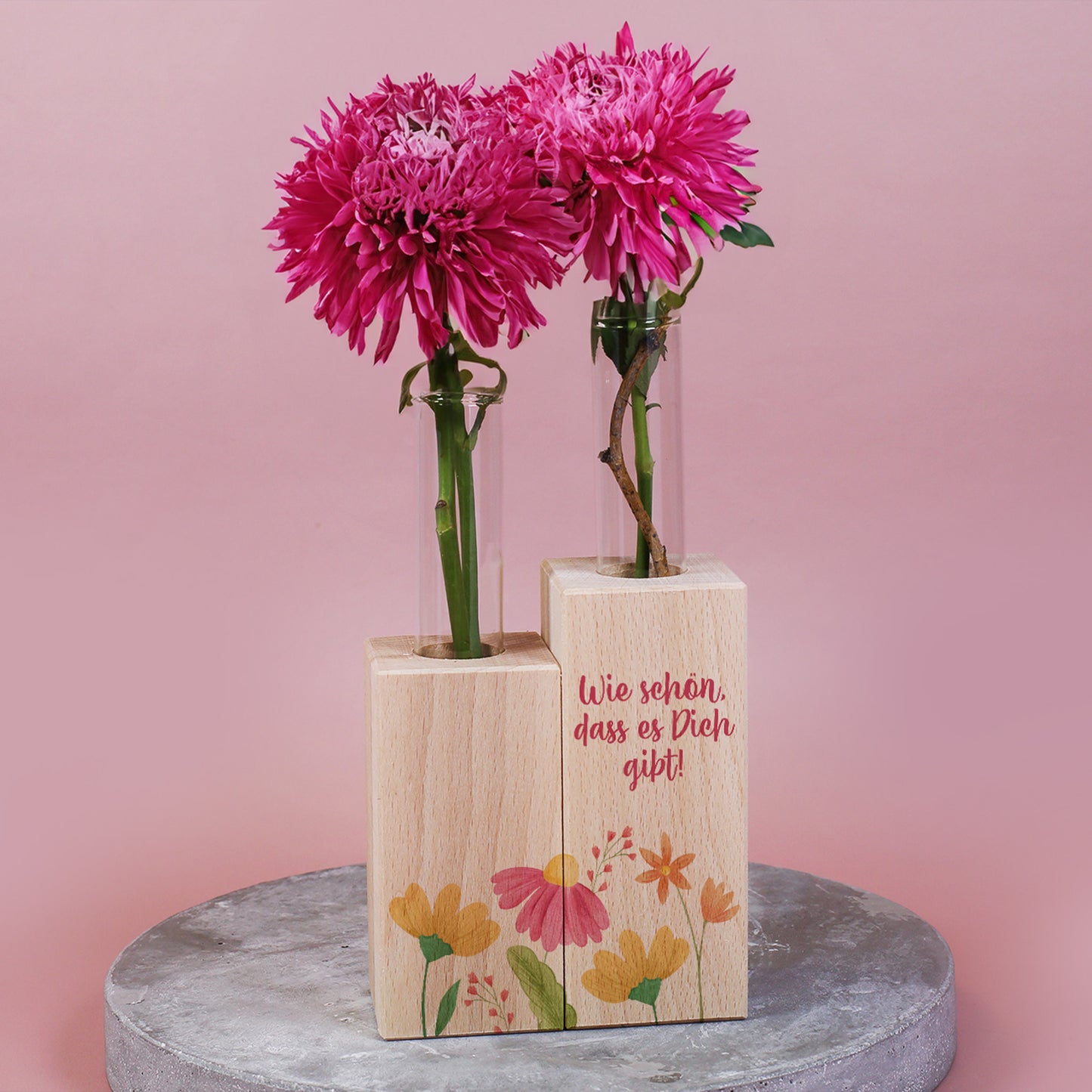 Vase mit Blumenmotiv und Ihrem Wunschtext - Reagenzgläser in Holzsockel