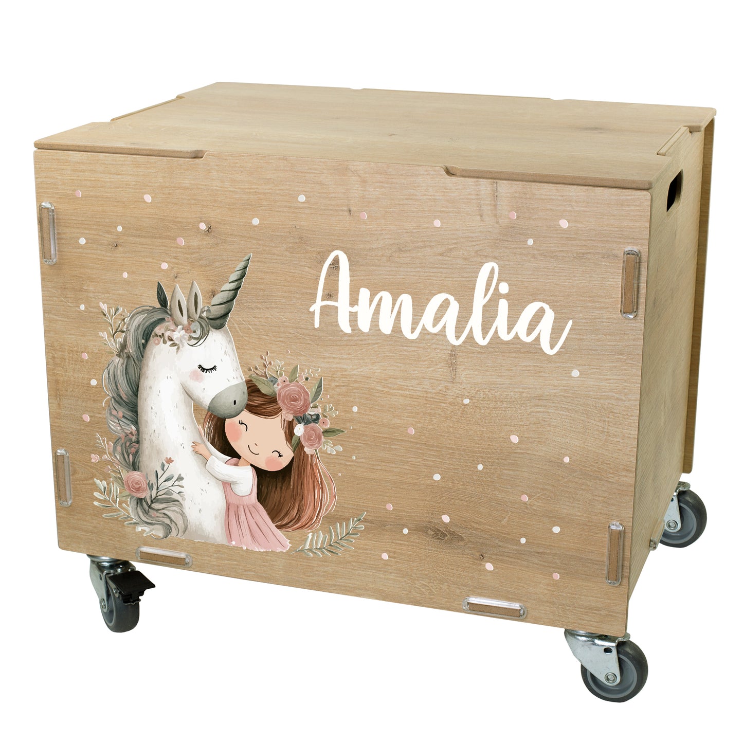 Personalisierte Aufbewahrungsbox auf Rollen aus Holz mit Einhorn und Prinzessin, Mädchen-Spielzeugkiste von clipfritz® mit Deckel
